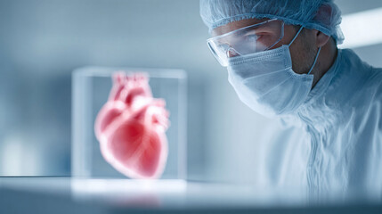 A scientist analyzes a human heart model, symbolizing medical research, innovative healthcare, and cardiology. Suitable for illustrating articles or ads about medicine.