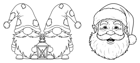 Christmas Gnomes and Santa Face Line Art