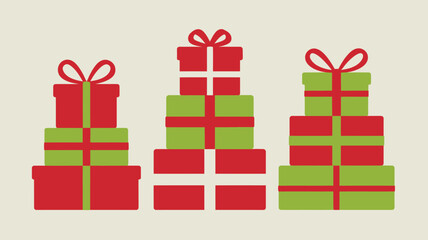 Obraz premium Three stacks of red and green christmas presents with ribbons against a plain background design element