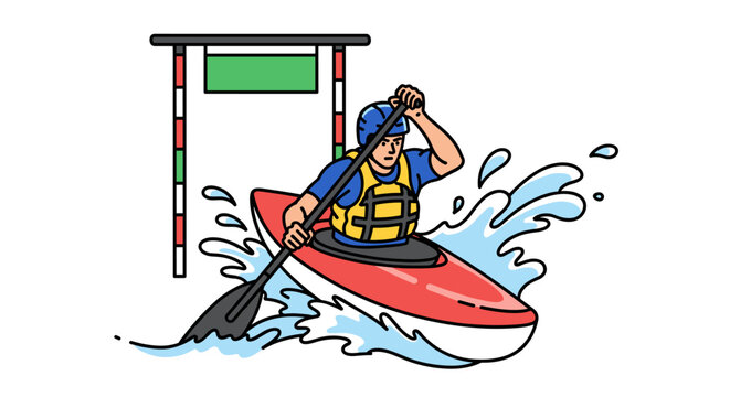 A determined kayaker navigates a challenging water slalom course, expertly paddling through splashing waves in a vibrant, modern vector illustration.