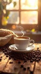 Steaming Coffee Cup on Wooden Table with Scattered Beans and Burlap Sack Against Sunlit Window in Rustic Golden Hue Ambiance
