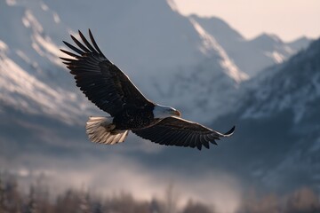 Fototapeta premium A majestic bald eagle glides through the cold mountain air with wings spread wide over a snow-covered alpine range. 