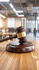 Wooden gavel rests on sound block atop wood table, blurred office background
