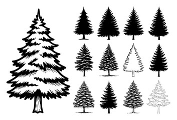Conifer Pine Spruce Tree Silhouette Set black shape vector laser cutting engraving monochrome print