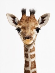 Obraz premium Gentle Giraffe Portrait: A charming close-up of a young giraffe, its warm eyes conveying curiosity and innocence, against a soft backdrop.