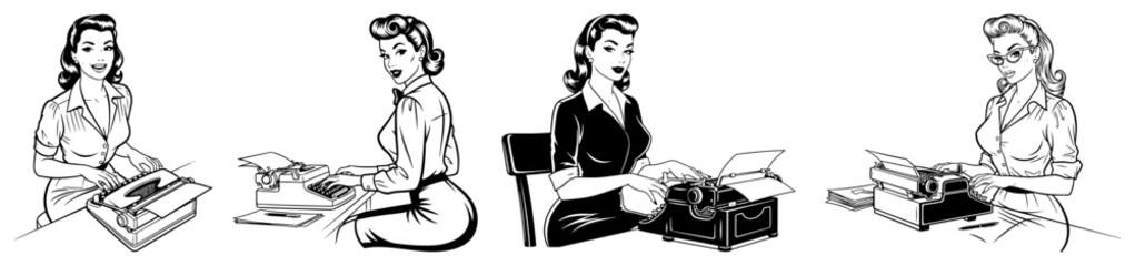 Vintage Illustrations of a Secretary with a Typewriter