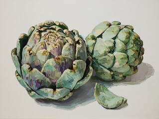 Fototapeta premium Fresh Artichoke: A close-up shot of two fresh artichokes alongside a single, detached leaf. These culinary delights beckon with their layered textures and refreshing color.