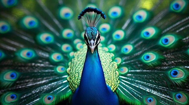 A peacock displaying its vibrant feathers with eye spots in a full frontal close up shot of the bird