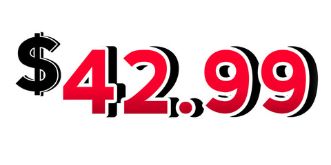 Promotional price $42.99 dollars red color  on transparent background. Perfect for advertising, sale banners, product promotion, discount labels, retail marketing, design element 