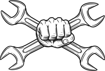 Strong fist gripping two crossed wrenches, monochrome vector illustration, mechanic labor symbol, industrial repair concept, power hand tool emblem design