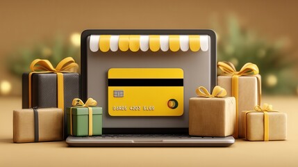 cyber monday Online shopping with gifts and a credit card on a laptop display.