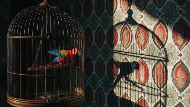 Vibrant parrot perched in antique birdcage with patterned wallpaper and shadow, colorful bird. Pet bird in decorative birdcage, vintage style.
