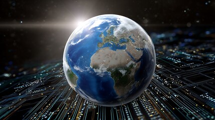 Earth and Digital Connectivity Concept with Circuit Patterns and Light Effects