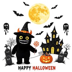 happy halloween card with a cute monster, pumpkin and bats in graveyard black and white treat or trick