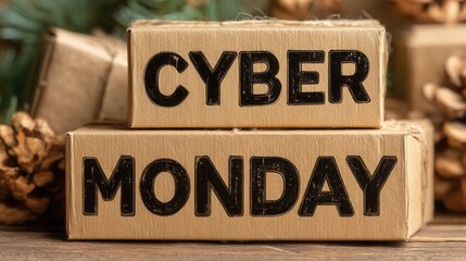cyber monday Cyber Monday blocks with a festive background of pine cones.