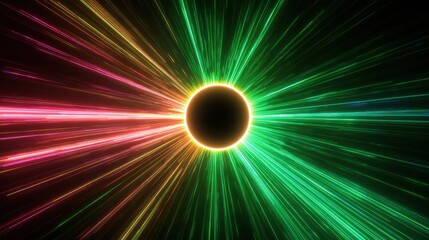 Radiant Cosmic Burst with Colorful Light Rays Emanating from Dark Center in Futuristic Illustration