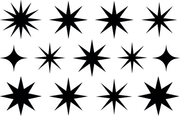 Collection of diverse black starburst shapes on a white background.
