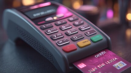 cyber monday Payment terminal with a card inserted, glowing with vibrant colors.