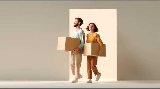 Young couple carrying cardboard boxes into new apartment, symbolizing the excitement and challenges of moving and starting a new chapter in life