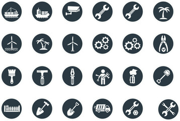 Utility and industrial vector icon set with ship, CCTV, tools, gears, wind turbine, repair, construction, transport, gardening and maintenance