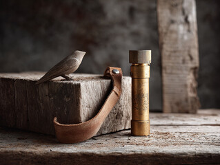 Rustic still life featuring a carved wooden bird, an aged leather strap, and a brass spyglass. Evokes nostalgia, craftsmanship, and exploration. Ideal for travel, history or artisan themes.