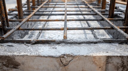 Detailed View of Reinforced Concrete Structure with Steel Rebar Framework and Freshly Poured Cement Surface