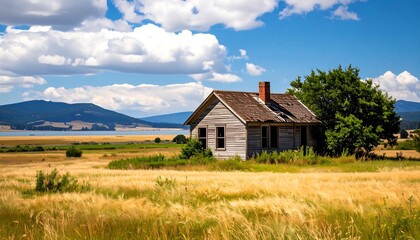 Obraz premium Rustic weathered house in golden field, mountains and lake in background under a blue sky
