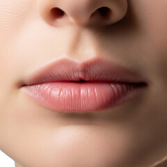 Fototapeta premium Macro shot of a relaxed human mouth, plump soft pink lips slightly parted, pristine skin with subtle pores, on a minimalist transparent background, concept of inner peace