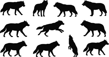 Wolf silhouettes collection, wild animal outlines, forest predator shapes, wildlife vector illustration, hunting wolves in different poses, dark canine art