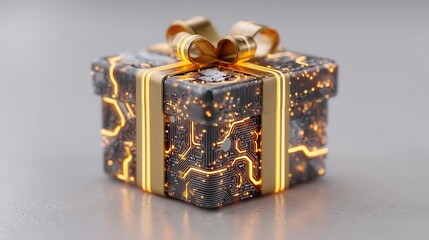 cyber monday A gift box with a circuit board design and a golden ribbon.