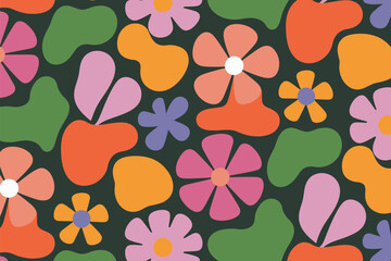Vibrant retro floral pattern with abstract shapes in warm, cheerful colors