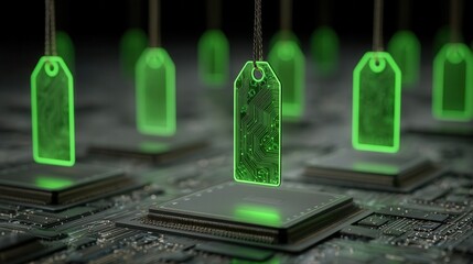 cyber monday Digital tags above a circuit board with a glowing green effect.