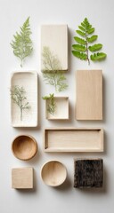A serene arrangement of various wooden objects and delicate green foliage, set against a simple white background, creating a minimalist aesthetic.