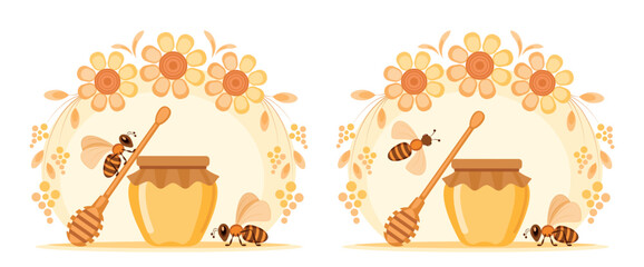 A jar of honey and a spoon, bees, and flowers. A set of vector illustrations in a childish style for advertising banners, packaging, honey labels, and children's projects.