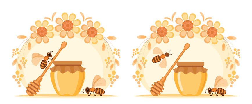 A jar of honey and a spoon, bees, and flowers. A set of vector illustrations in a childish style for advertising banners, packaging, honey labels, and children's projects.