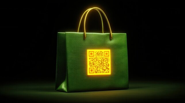 cyber monday Shopping bag with a QR code glowing against a dark background.