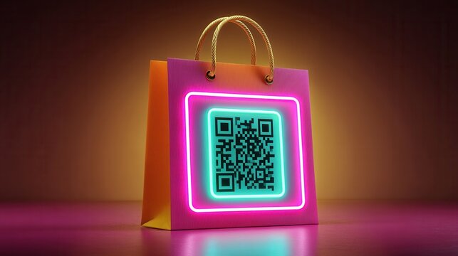 cyber monday Bright, neon shopping bag featuring a prominent QR code. - Powered by Adobe