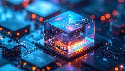 A macro shot reveals a futuristic tech design, featuring a glowing cube nestled on a circuit board. The scene evokes a sense of innovation