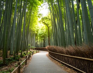 Serene path winding through a dense bamboo forest, sunlight filtering through the tall stalks