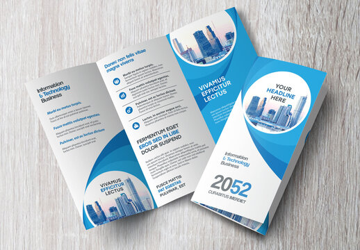 Corporate brochure design template &ndash; Professional modern tri-fold leaflet with geometric layout and business theme in Blue and White