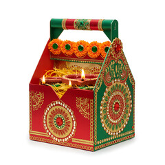 Vibrant decorative basket with lit diyas, festive Indian celebration gift, vibrant colors, ornate design