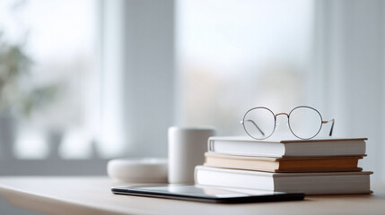 Modern study space Books, glasses  tablet on a desk against a bright window. Represents learning, education, relaxation, and a mindful, organized workspace.