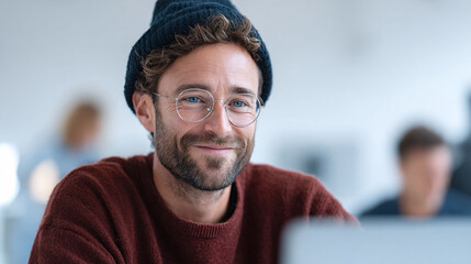 Smiling man in beanie  glasses, working. Represents modern work, creativity, and confidence. Perfect for tech, business, lifestyle, education contexts.