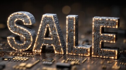 cyber monday Sale sign with circuit design on a textured background.