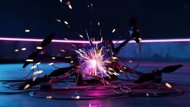Broken drone with exposed circuits, wires, and bright light in technology failure concept with futuristic neon lighting.