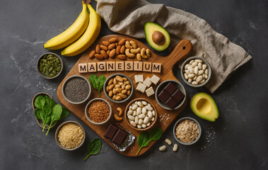 Assortment of magnesium‑rich foods on dark slate board