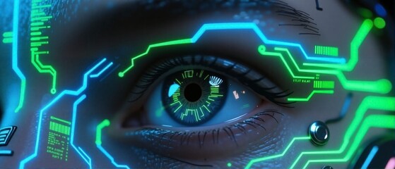 Close-up cybernetic human eye with glowing neon green and blue circuits and digital interface, futuristic sci-fi technology concept