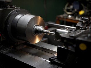 Fototapeta premium Lathe machine turning metal part in industrial workshop