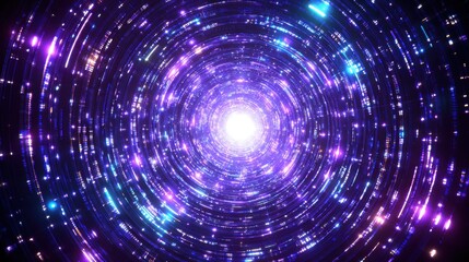 Abstract Cosmic Vortex with Bright Center and Radiant Light Trails in Blue and Purple Colors