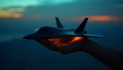 Futuristic stealth fighter jet model held gently in hand illuminated by warm orange glow against dramatic twilight sky